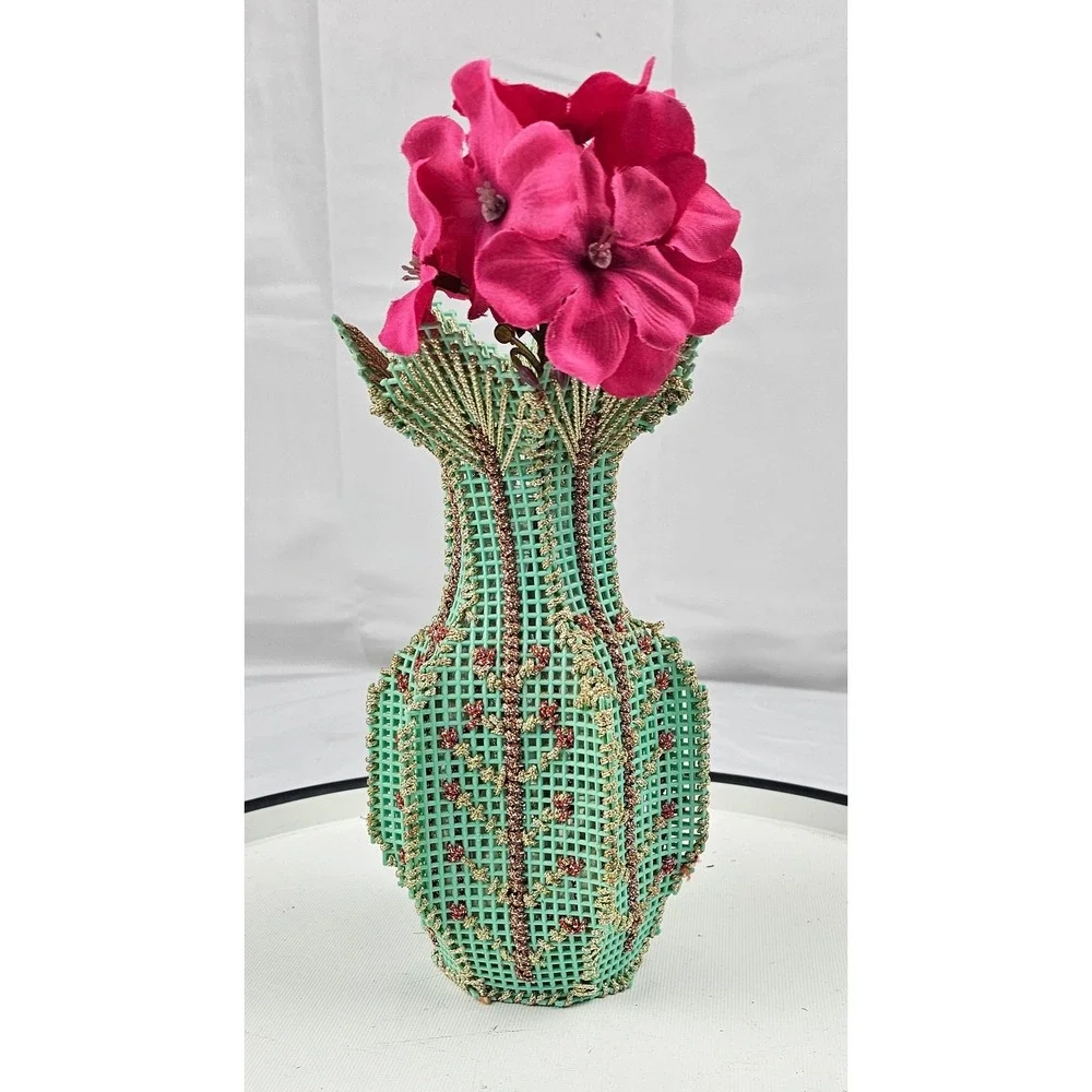 Unique Mint Green Gold Accent‎ Vase Vintage Style Table Decor Flower Holder